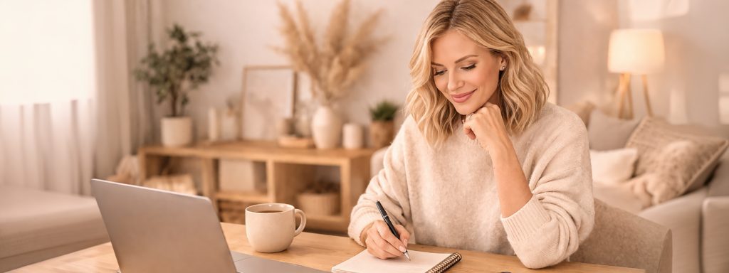 Op de banner van 'tips en tricks' staat een vrouw dat ideeën opschrijft voor blogs. 