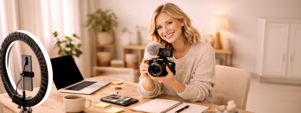 Op de banner van 'content creatie' staat een vrouw met camera in de hand, laptop naast haar en telefoon met light circle voor haar.