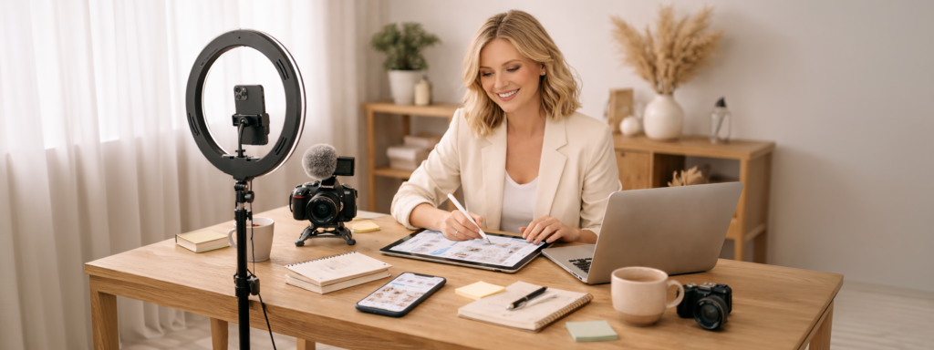 Op de banner van de diensten staat een vrouw dat werkt op een tablet, terwijl haar camera, notities en laptop bij de hand liggen.