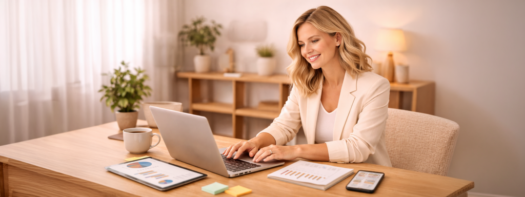 Op de banner van digital marketing staat een vrouw die aan haar laptop werkt met de nodige grafieken en tabellen bij haar op tafel.