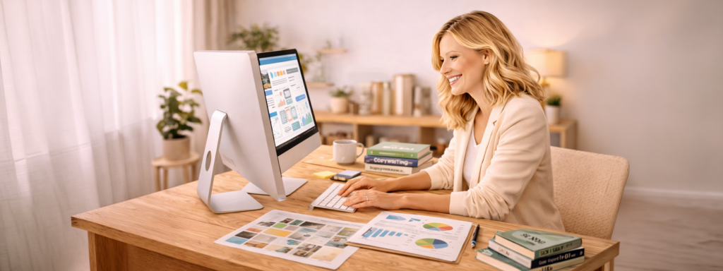 Op de banner van 'web development' staat een vrouw dat werkt op 2 desktops met de nodige boeken bij haar over copywriting, SEO, SEA en UX. Verder liggen op tafel de nodige analytics en foto's.