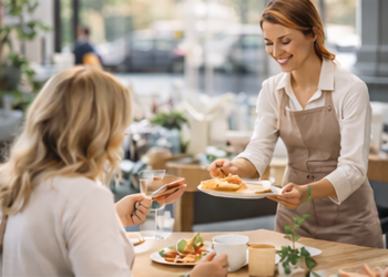 Serveerster serveert eten aan de tafel van klanten.