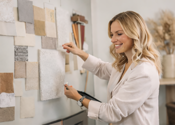 Vrouw stelt verschillende kleuren en materialen samen voor een interieur.