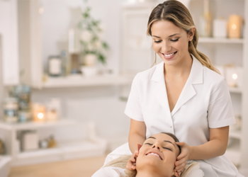 Een schoonheidsspecialiste geeft een massage.