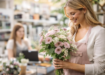 Vrouw maakt een bloemenboeket.